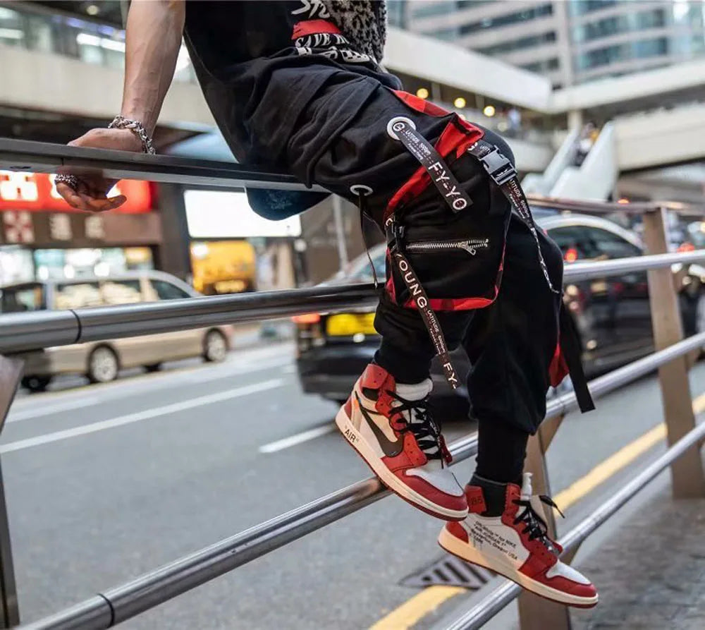 Joggers Cargo Pants for Men Casual Hip Hop Hit Color Pocket Male Trousers Sweatpants Streetwear Ribbons Techwear Pants - Ghost District