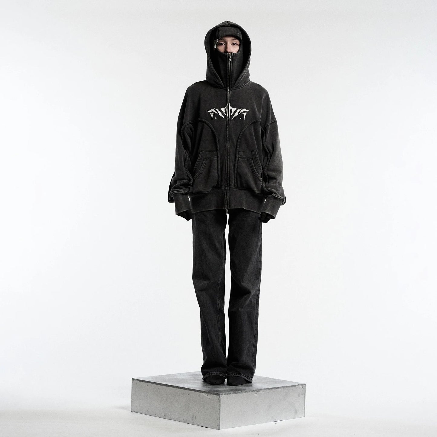 Y2K Ninja Hoodie Gothic Trendy Double Hat Design Functional Streetwear Vintage High Street Men Women Oversized Casual Pullover Ghost District