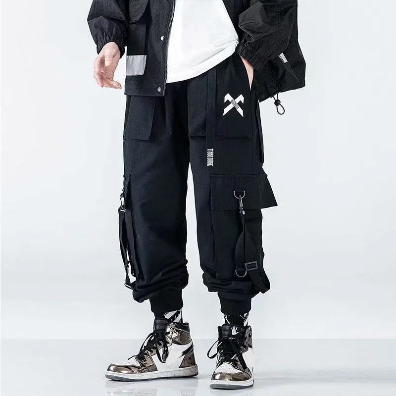Techwear Ribbons Tactical Cargo Baggy Pants Jogger Men Casual Letter Hip Hop Teenager Sweatpants Joggers Cropped Pants For Men - Ghost District