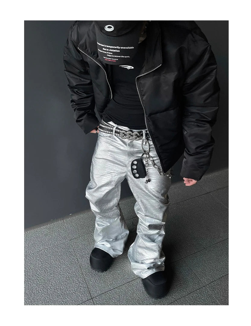 Mauroicardi Spring Autumn Cool Handsome Long Black Crocodile Print Pu Leather Pants for Men Luxury Designer Floor Length Clothes - Ghost District