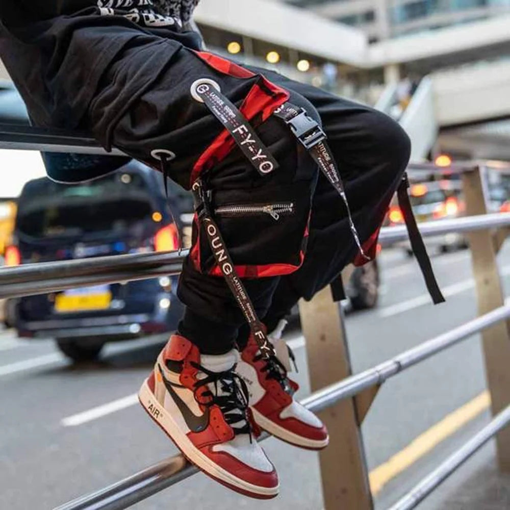 Joggers Cargo Pants for Men Casual Hip Hop Hit Color Pocket Male Trousers Sweatpants Streetwear Ribbons Techwear Pants - Ghost District