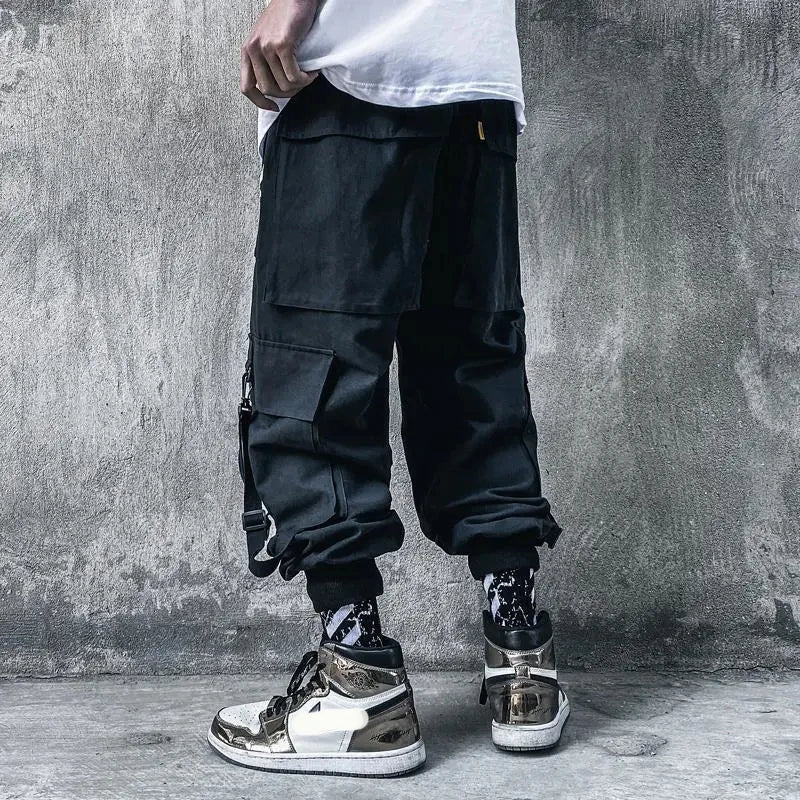 Techwear Ribbons Tactical Cargo Baggy Pants Jogger Men Casual Letter Hip Hop Teenager Sweatpants Joggers Cropped Pants For Men - Ghost District