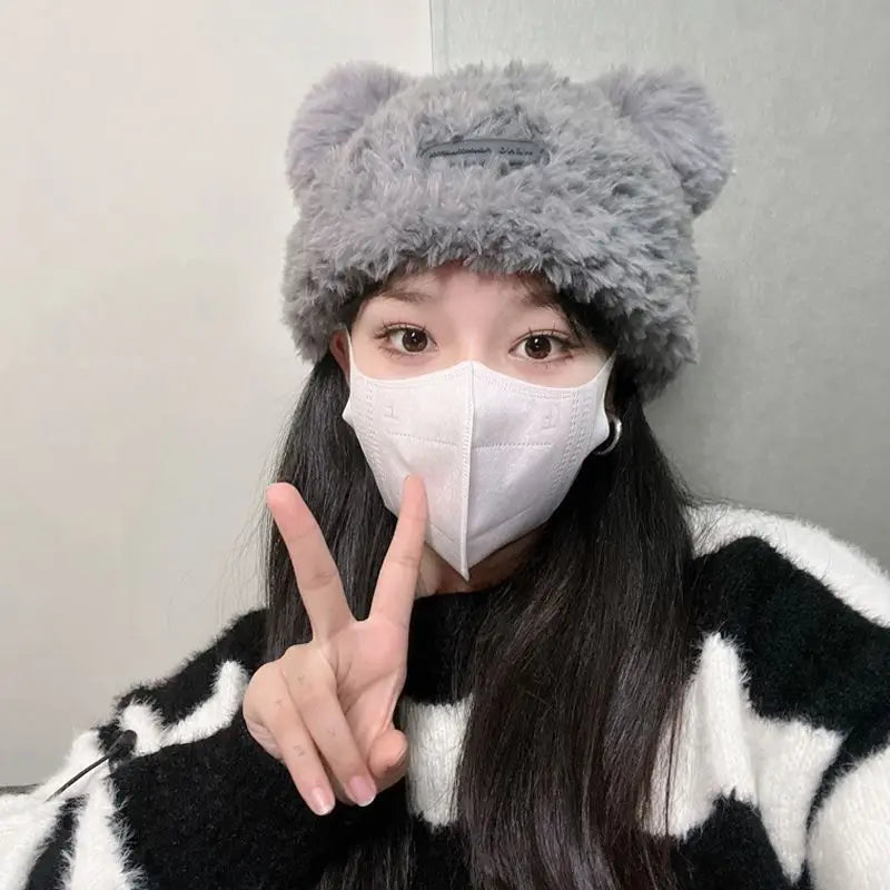 Cute Bear Knit Hat for Women Winter Thickened Fluffy Warm Fleece Beanie Oversized Head Wrap Chunky Crochet Cap Autumn Winter - Ghost District