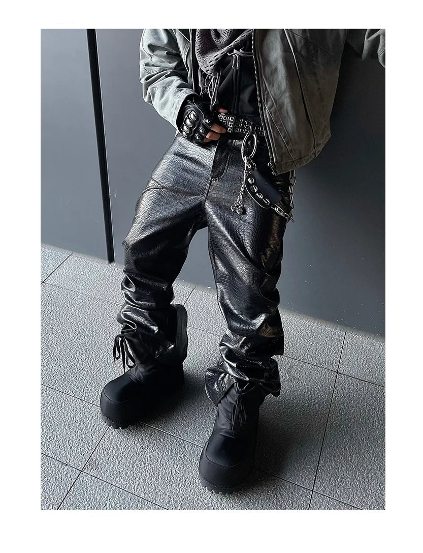 Mauroicardi Spring Autumn Cool Handsome Long Black Crocodile Print Pu Leather Pants for Men Luxury Designer Floor Length Clothes - Ghost District