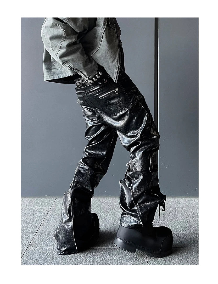 Mauroicardi Spring Autumn Cool Handsome Long Black Crocodile Print Pu Leather Pants for Men Luxury Designer Floor Length Clothes - Ghost District
