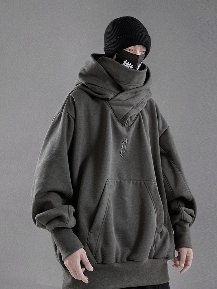 Embroidery Turtleneck Sweatshirt For Men Japanese Ninja Hoodies Autumn Hip Hop Fleece Pocket Streetwear Oversized Y2K Hoody Ghost District