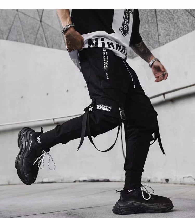 Joggers Cargo Pants for Men Casual Hip Hop Hit Color Pocket Male Trousers Sweatpants Streetwear Ribbons Techwear Pants - Ghost District