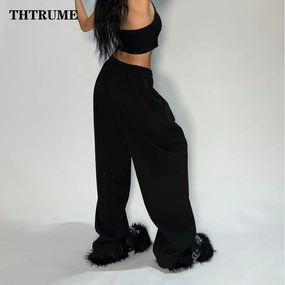 Casual Women Solid New Pant Fashion Summer Oversized Vintage Pocket Drawstring Wide Leg Pants Elegant Loose Baggy Chic Trousers Ghost District