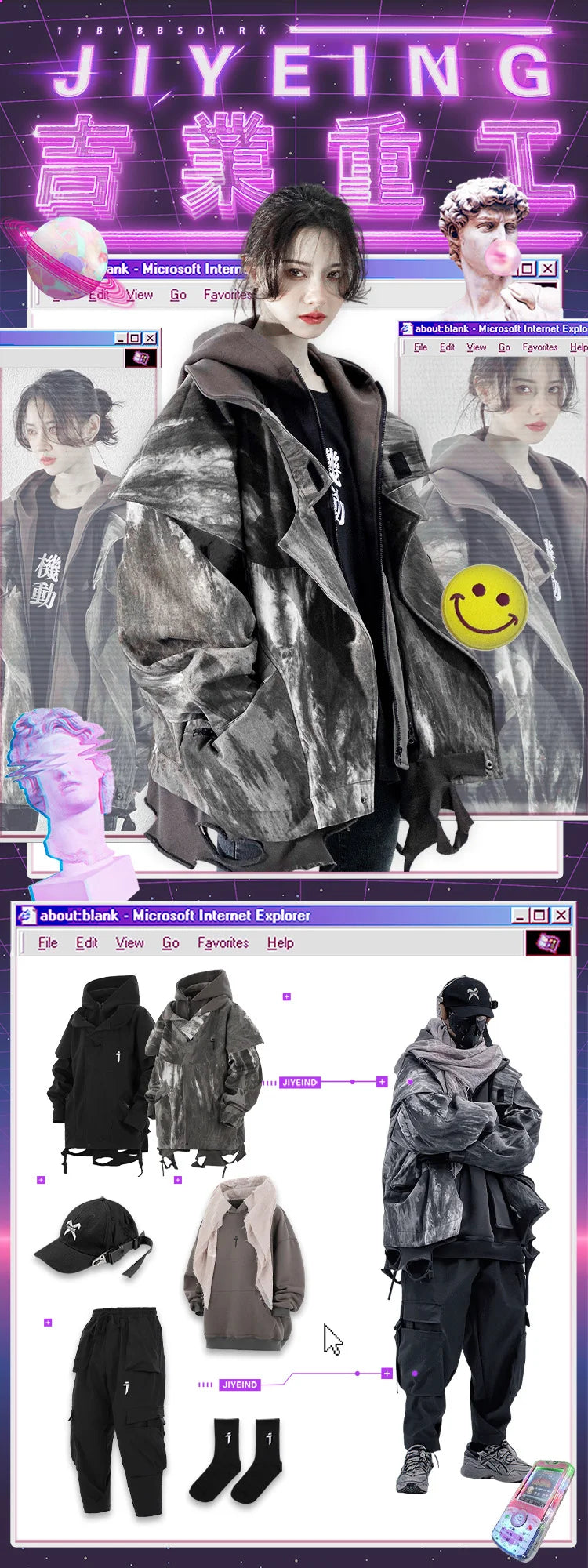 Unisex High Street Functional Cargo Jacket Techwear Fake two-piece Tactical Windbreaker Coats Streetwear Men's clothing Oversize - Ghost District
