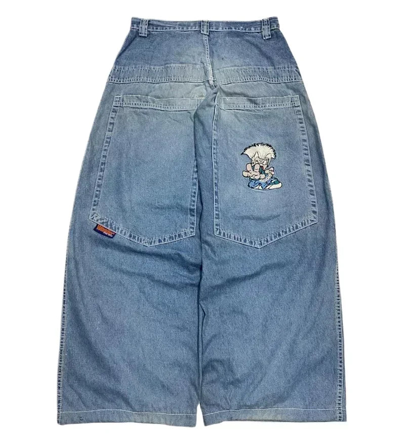 American Trend Retro Gothic Embroidery Graphics Washed Baggy Jeans Women's Y2K New Harajuku Hip-Hop Punk Rock Couple Street Wear Ghost District