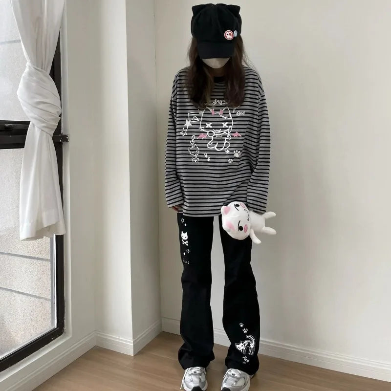 Japanese Y2k Pants Women Streetwear Skull Print Black Pantalon Femme Elastic Waist Casual Fashion Trousers 2025 New Bottoms - Ghost District
