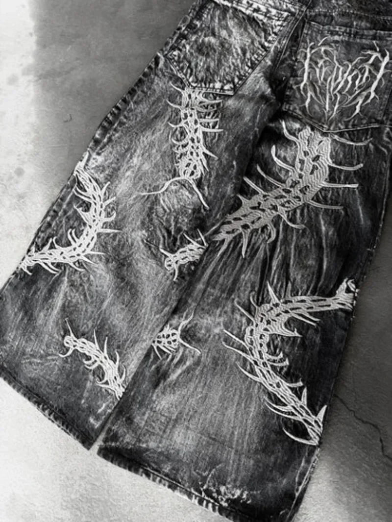 American Trend Retro Gothic Embroidery Graphics Washed Baggy Jeans Women's Y2K New Harajuku Hip-Hop Punk Rock Couple Street Wear Ghost District