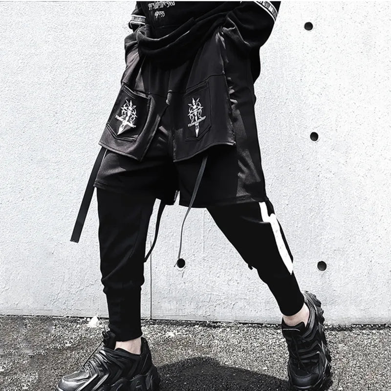 HKSH Fake Two Pieces Embroidered Legged Overalls High Street Hip Hop Dark Techwear Autumn Winter New Cargo Pants Trendy HK2900 Ghost District