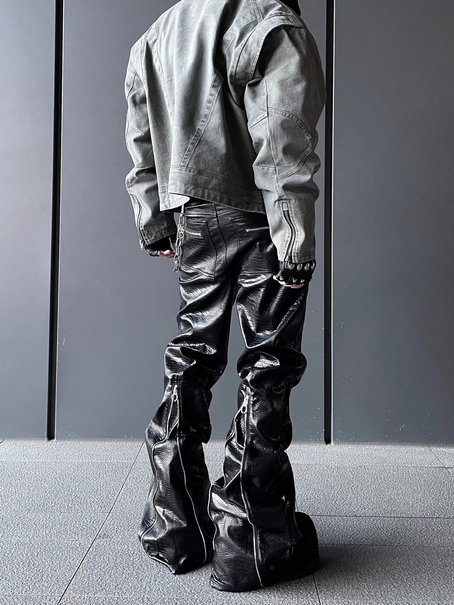 Mauroicardi Spring Autumn Cool Handsome Long Black Crocodile Print Pu Leather Pants for Men Luxury Designer Floor Length Clothes - Ghost District