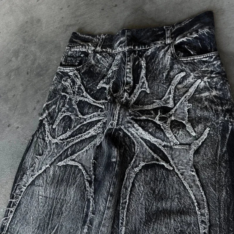 Gothic Retro Oversized Baggy Fit Unisex Mopping Pants Y2K Phantom Jeans High Street Spider Embroidered Patch Hip Hop Streetwear Ghost District