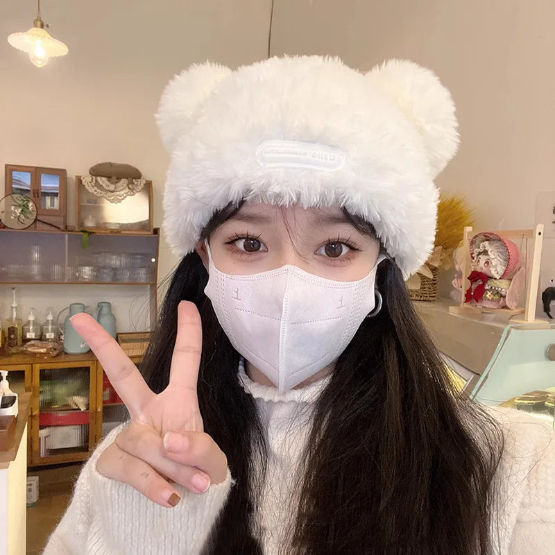 Cute Bear Knit Hat for Women Winter Thickened Fluffy Warm Fleece Beanie Oversized Head Wrap Chunky Crochet Cap Autumn Winter - Ghost District