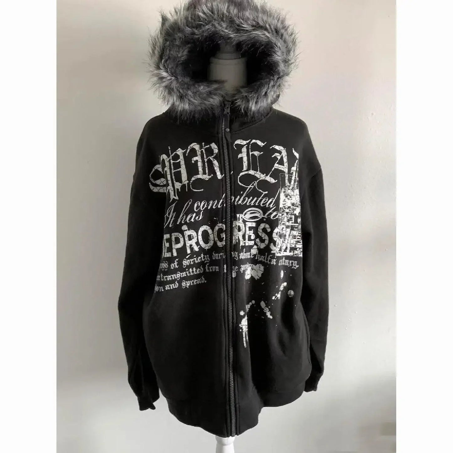 American Vintage Black Faux Fur Sweatshirts Women Letter Printed Subculture Coats with Hooded Female Gothic Harajuku Jackets Y2k Ghost District