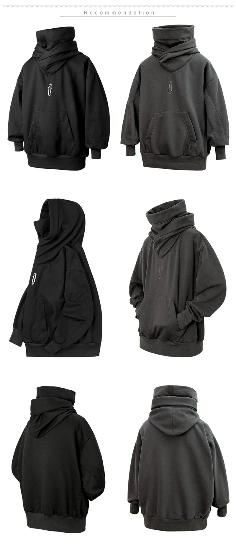 Embroidery Turtleneck Sweatshirt For Men Japanese Ninja Hoodies Autumn Hip Hop Fleece Pocket Streetwear Oversized Y2K Hoody Ghost District