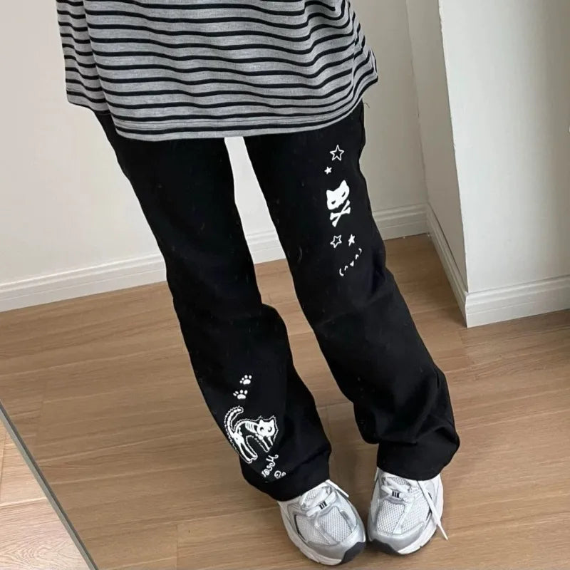 Japanese Y2k Pants Women Streetwear Skull Print Black Pantalon Femme Elastic Waist Casual Fashion Trousers 2025 New Bottoms - Ghost District