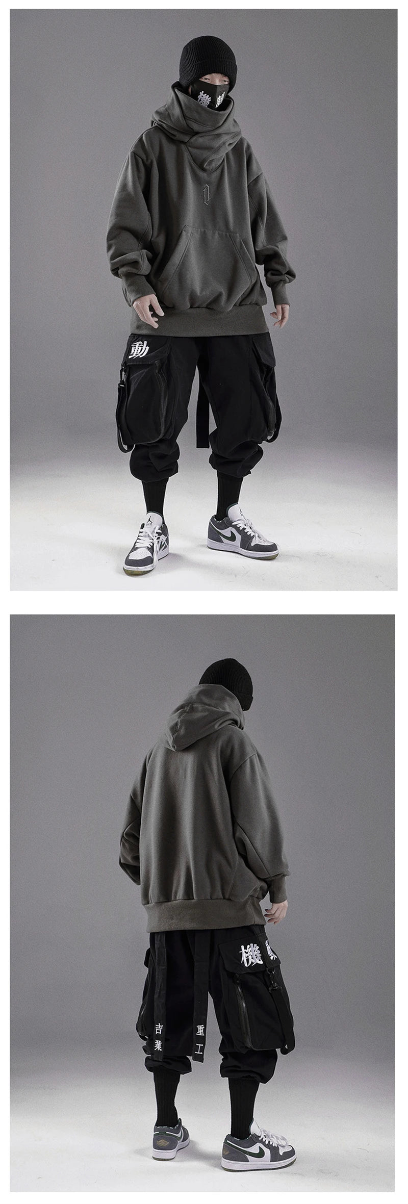Embroidery Turtleneck Sweatshirt For Men Japanese Ninja Hoodies Autumn Hip Hop Fleece Pocket Streetwear Oversized Y2K Hoody Ghost District