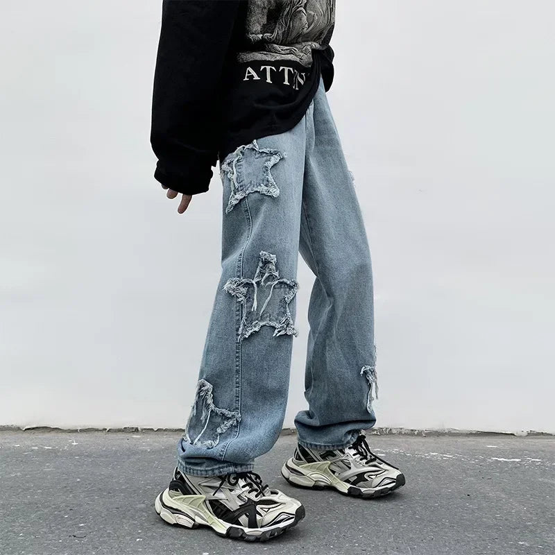 2025 New Fashion Stars Towel Embroidery Brown Men Jeans Pants Y2K Clothes Straight Hip Hop Cotton Trousers Pantalon Homme - Ghost District