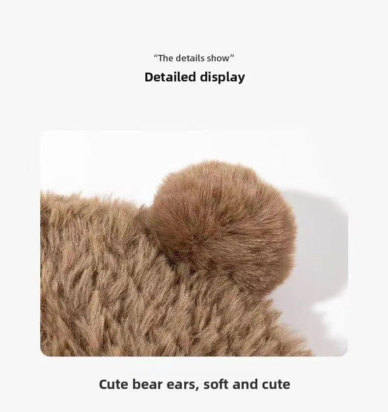 Cute Bear Knit Hat for Women Winter Thickened Fluffy Warm Fleece Beanie Oversized Head Wrap Chunky Crochet Cap Autumn Winter - Ghost District
