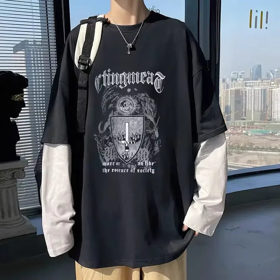 Men T Shirts autumn men Clothes anime casual Long Sleeved Oversized Y2K T-Shirt Harajuku Streetwear Academia Hip Hop tee tops Ghost District