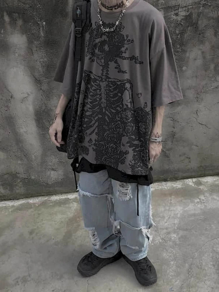 Men T-shirts 2023 Summer Streetwear High Street Gothic Skull Tshirt Loose Oversized Short-sleeved T shirt Dark Anime Men Y2k Top Ghost District