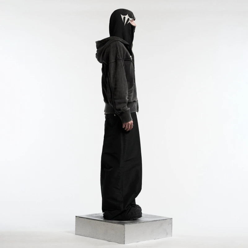Y2K Ninja Hoodie Gothic Trendy Double Hat Design Functional Streetwear Vintage High Street Men Women Oversized Casual Pullover Ghost District