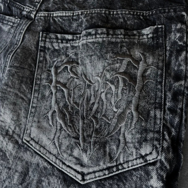 Gothic Retro Oversized Baggy Fit Unisex Mopping Pants Y2K Phantom Jeans High Street Spider Embroidered Patch Hip Hop Streetwear Ghost District