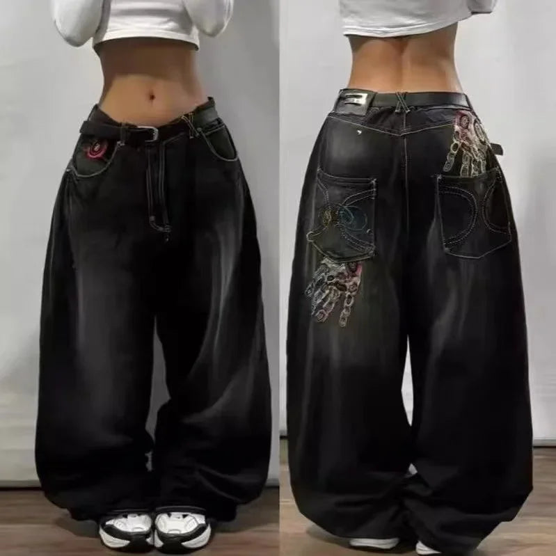 American Trend Retro Gothic Embroidery Graphics Washed Baggy Jeans Women's Y2K New Harajuku Hip-Hop Punk Rock Couple Street Wear Ghost District