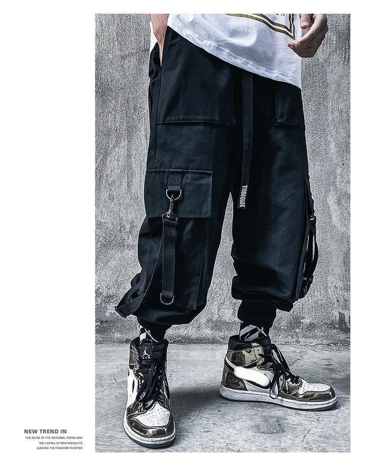 Techwear Ribbons Tactical Cargo Baggy Pants Jogger Men Casual Letter Hip Hop Teenager Sweatpants Joggers Cropped Pants For Men - Ghost District