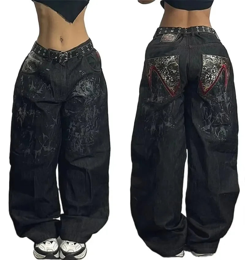 American Trend Retro Gothic Embroidery Graphics Washed Baggy Jeans Women's Y2K New Harajuku Hip-Hop Punk Rock Couple Street Wear Ghost District