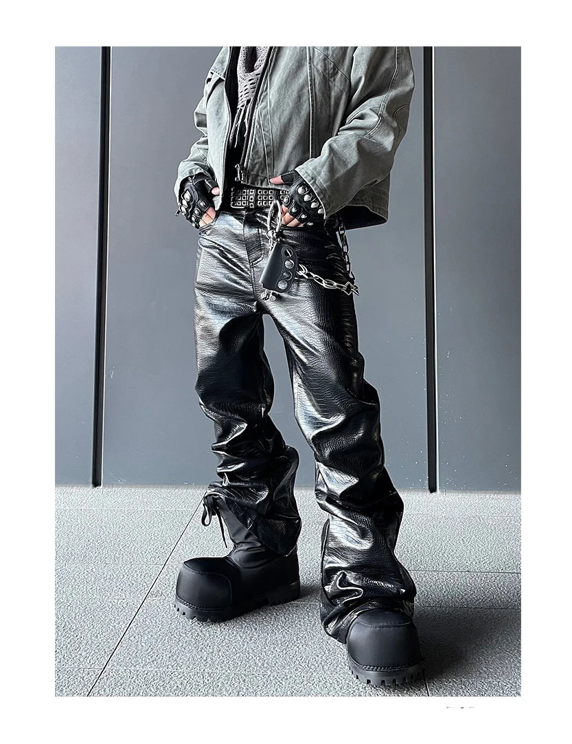 Mauroicardi Spring Autumn Cool Handsome Long Black Crocodile Print Pu Leather Pants for Men Luxury Designer Floor Length Clothes - Ghost District