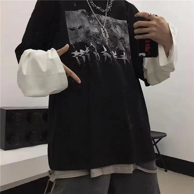 Men T Shirts autumn men Clothes anime casual Long Sleeved Oversized Y2K T-Shirt Harajuku Streetwear Academia Hip Hop tee tops Ghost District