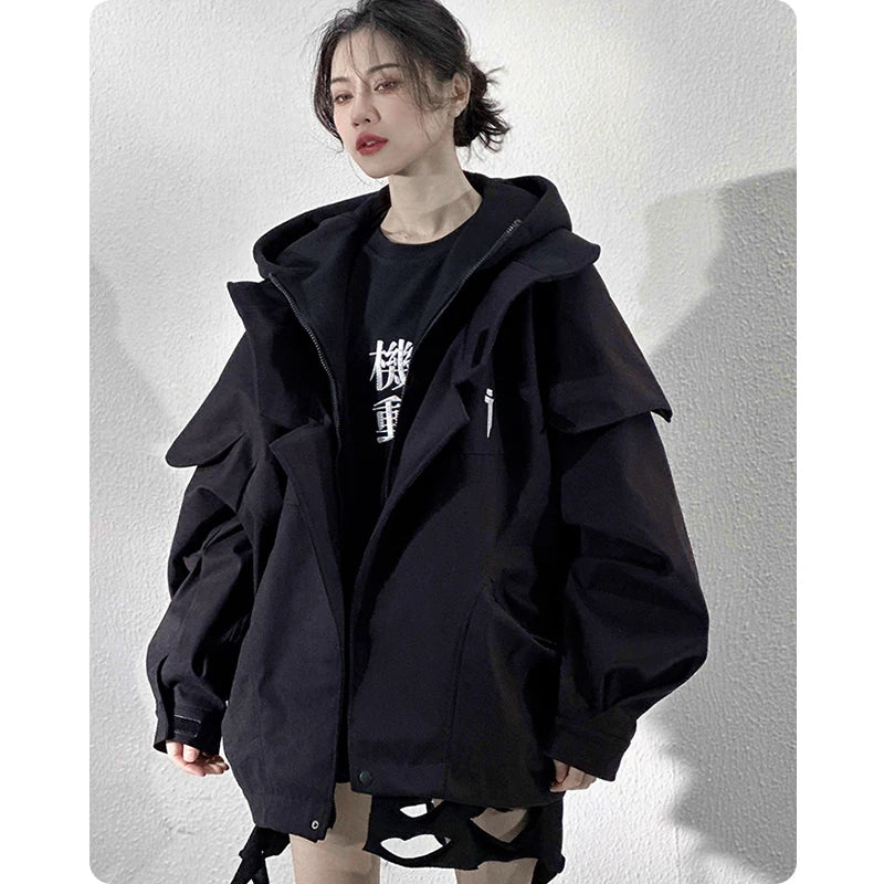 Unisex High Street Functional Cargo Jacket Techwear Fake two-piece Tactical Windbreaker Coats Streetwear Men's clothing Oversize - Ghost District