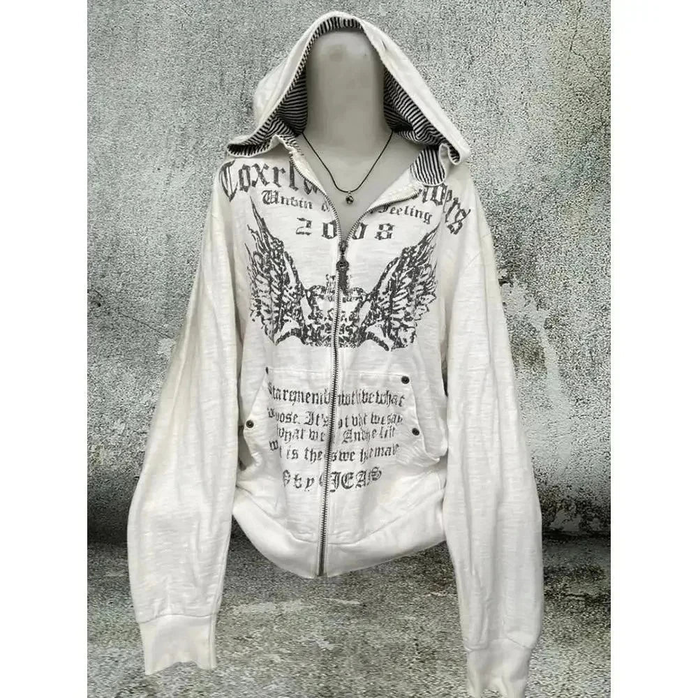 American Vintage Black Faux Fur Sweatshirts Women Letter Printed Subculture Coats with Hooded Female Gothic Harajuku Jackets Y2k Ghost District