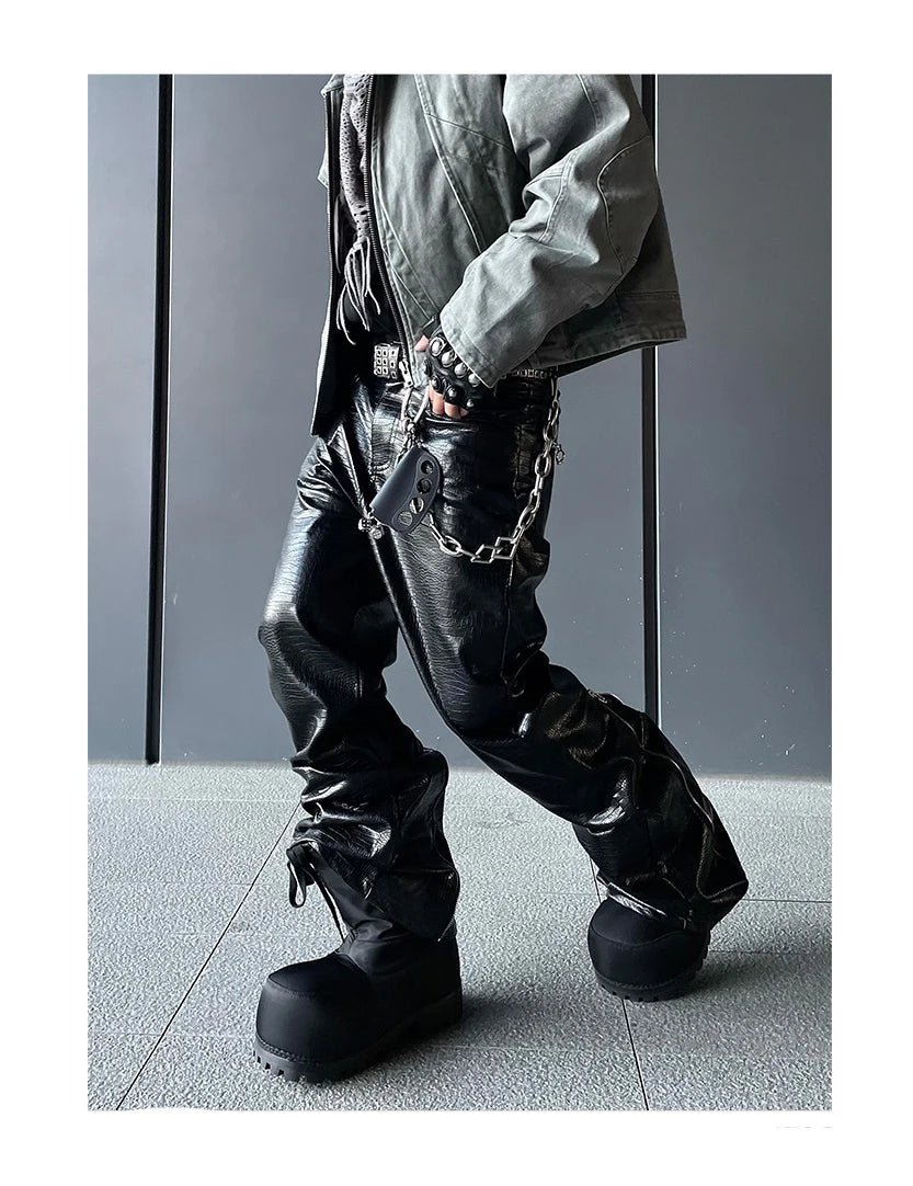 Mauroicardi Spring Autumn Cool Handsome Long Black Crocodile Print Pu Leather Pants for Men Luxury Designer Floor Length Clothes - Ghost District