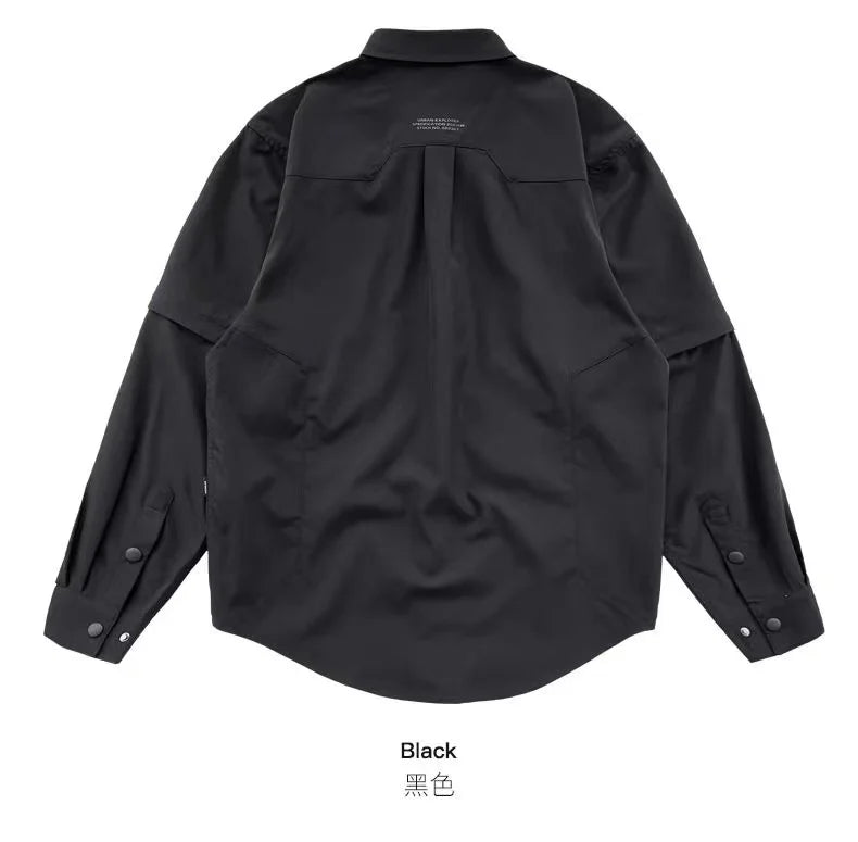 Men's Techwear Button Up Shirt Oversized Streetwear Harajuku Hip Hop Shirts Detachable Sleeve Black Tooling Button Up Blouse - Ghost District
