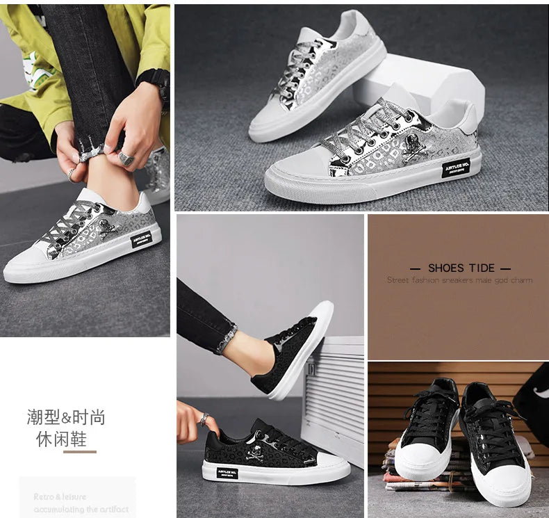 Trend Designer Casual Shoes for Men Street Tinsel Skulls Flats Vulcanized Fashion Brand Luxury Sneakers Jogging Man Sport Shoes - Ghost District