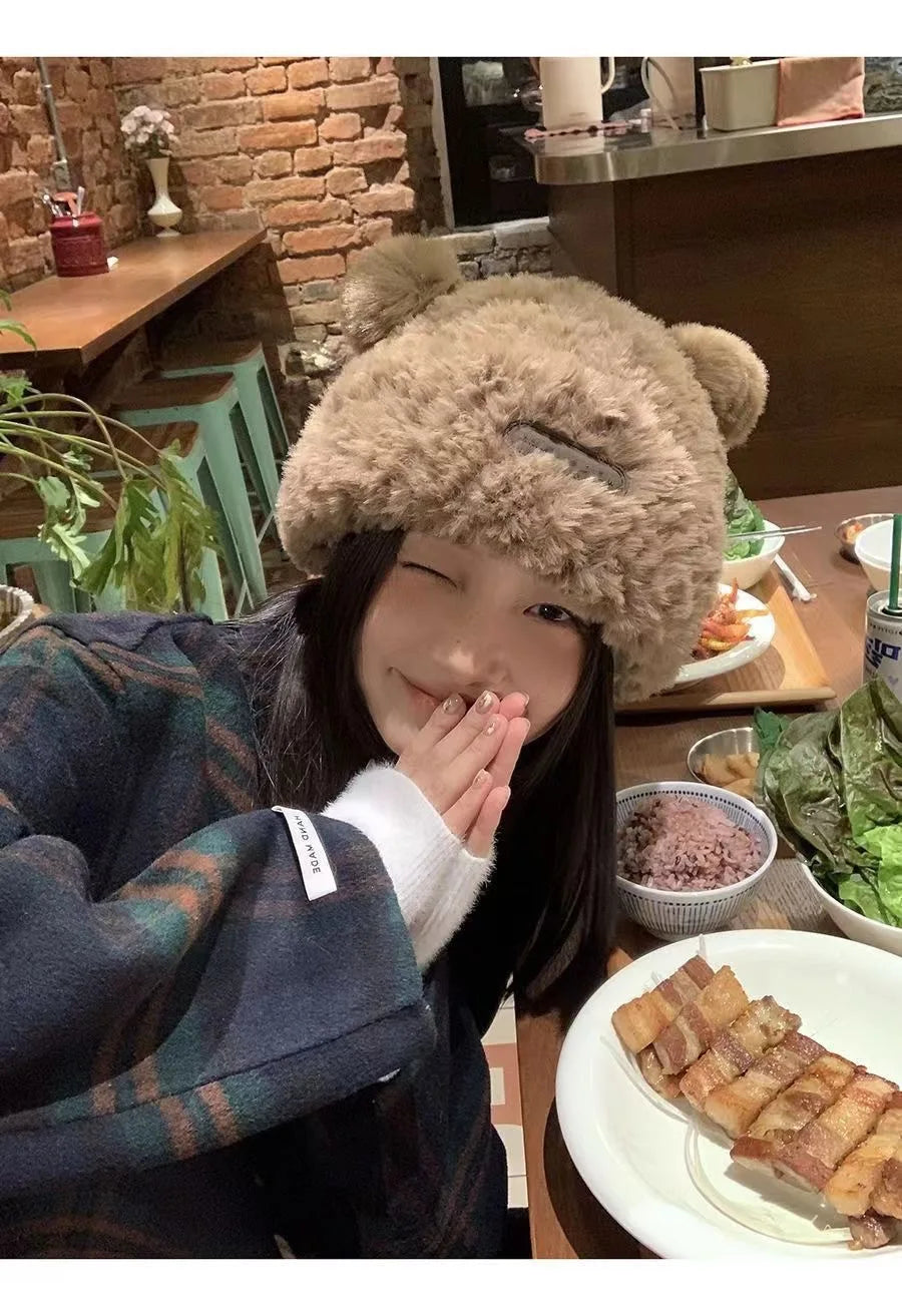 Cute Bear Knit Hat for Women Winter Thickened Fluffy Warm Fleece Beanie Oversized Head Wrap Chunky Crochet Cap Autumn Winter - Ghost District