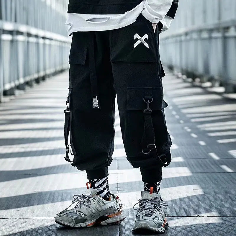 Techwear Ribbons Tactical Cargo Baggy Pants Jogger Men Casual Letter Hip Hop Teenager Sweatpants Joggers Cropped Pants For Men - Ghost District