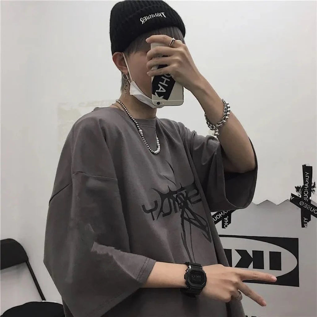 Men T-shirts 2023 Summer Streetwear High Street Gothic Skull Tshirt Loose Oversized Short-sleeved T shirt Dark Anime Men Y2k Top Ghost District