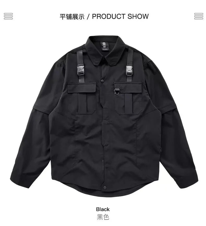 Men's Techwear Button Up Shirt Oversized Streetwear Harajuku Hip Hop Shirts Detachable Sleeve Black Tooling Button Up Blouse - Ghost District