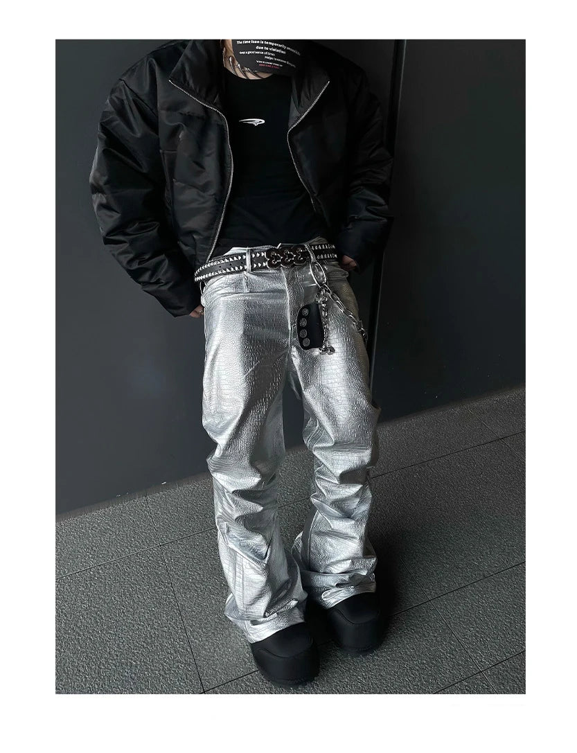 Mauroicardi Spring Autumn Cool Handsome Long Black Crocodile Print Pu Leather Pants for Men Luxury Designer Floor Length Clothes - Ghost District