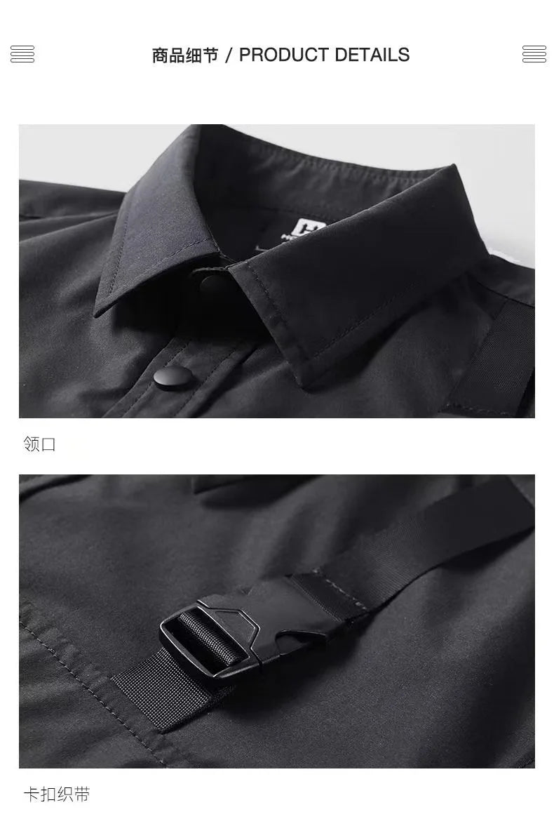 Men's Techwear Button Up Shirt Oversized Streetwear Harajuku Hip Hop Shirts Detachable Sleeve Black Tooling Button Up Blouse - Ghost District