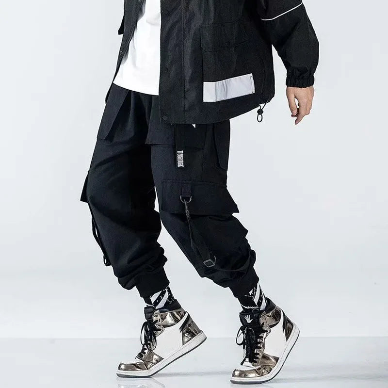 Techwear Ribbons Tactical Cargo Baggy Pants Jogger Men Casual Letter Hip Hop Teenager Sweatpants Joggers Cropped Pants For Men - Ghost District