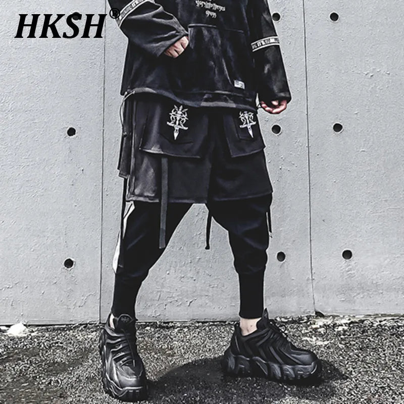 HKSH Fake Two Pieces Embroidered Legged Overalls High Street Hip Hop Dark Techwear Autumn Winter New Cargo Pants Trendy HK2900 Ghost District