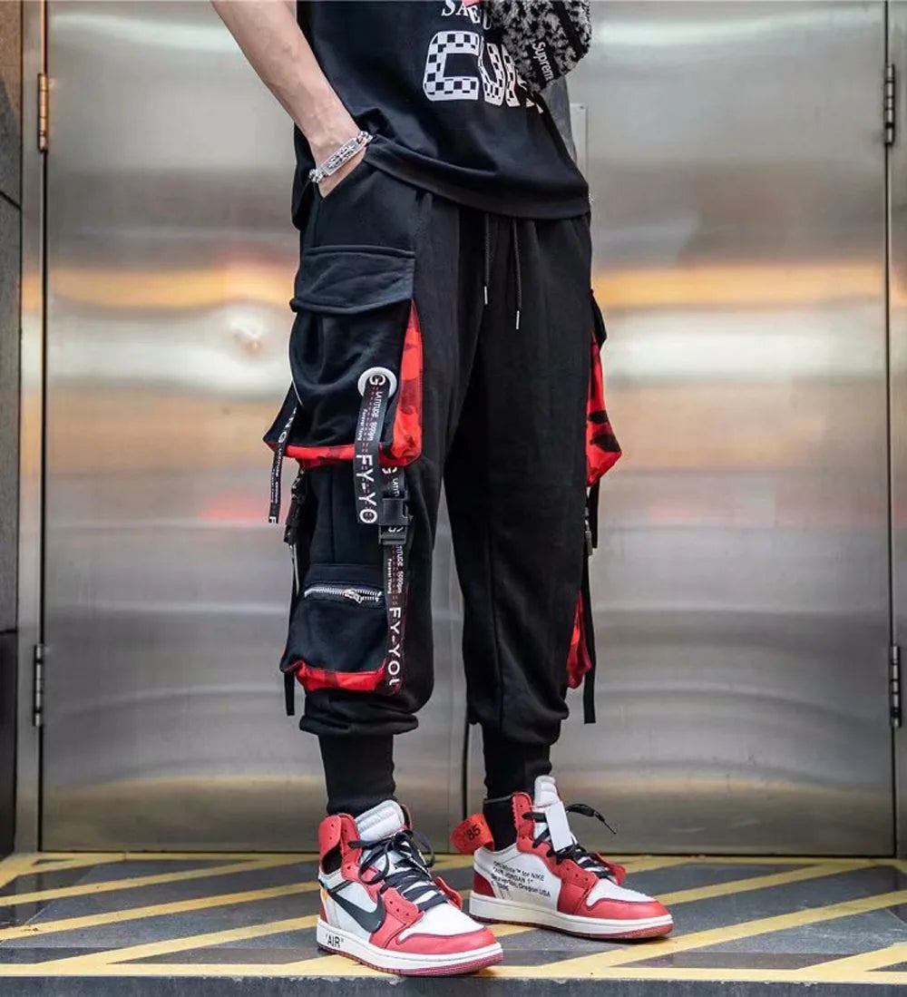 Joggers Cargo Pants for Men Casual Hip Hop Hit Color Pocket Male Trousers Sweatpants Streetwear Ribbons Techwear Pants - Ghost District