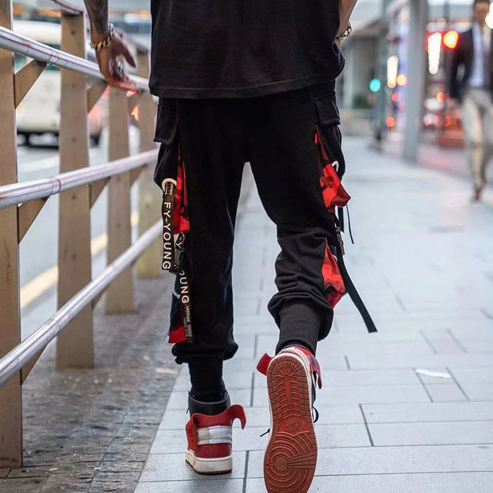 Joggers Cargo Pants for Men Casual Hip Hop Hit Color Pocket Male Trousers Sweatpants Streetwear Ribbons Techwear Pants - Ghost District